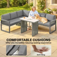 Outsunny 6 Seater Rattan Garden Furniture Set with 3 Loveseats, Table, Patio Rattan Furniture Corner Sofa Set, Grey(m-6)