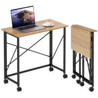 HOMCOM Small Folding Desk, 80 cm Foldable Computer Desk on Wheels for Small Space, Easy Assembly, Space Saving Writing Table for Home Office, Bedroom, Natural Tone(m-11)