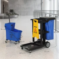 HOMCOM Cărucior de curățenie, cărucior mobil cu 3 rafturi, sac de gunoi 70 L, găleată cu stoarcere pentru mop, Albastru(m-3)