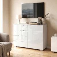 HOMCOM Aparador de alto brillo, aparador moderno con 4 cajones, mueble de cocina con cierre suave, blanco(m-5)