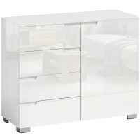 HOMCOM Aparador de alto brillo, aparador moderno con 4 cajones, mueble de cocina con cierre suave, blanco(m-1)