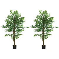 HOMCOM Conjunto de 2 Ficus Artificiais com Troncos Naturais 150 cm Plantas Artificiais com Vaso e 882 Folhas Verde(m-9)