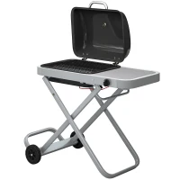 Outsunny Barbacoa de Gas Plegable con Quemador 2,5 kW Tapa Termómetro Mesa Lateral y 2 Ruedas Parrilla Recogedor Grasa Negro(m-11)