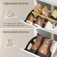 HOMCOM Smalle schoenenkast met 2 klepvakken, schoenenkast met lychee-lederen deuren en verstelbare planken, wit(m-7)