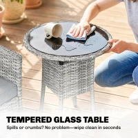 Outsunny Rattan Bistro Set, Reclining Garden Chairs and Glass Coffee Table with Cushions for Patio Balcony Porch, Light Grey(m-8)