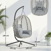 Outsunny Hanging Egg Chair, Indoor Outdoor Rattan Hammock Swing Chair with Stand, Safety Strap, Foldable Basket, Light Grey(m-3)