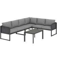Outsunny 6 Seater Metal Garden Furniture Corner Sofa Set with 3 Loveseats, Faux Wood Table, Texteline Seat, Cushions, Dark Grey(m-1)