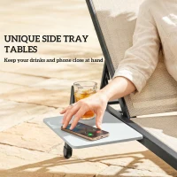 Outsunny Sun Loungers Set of 2 with Side Tray Table, Garden Recliners with 5-Position Adjustable Backrest, 2 Wheels, Khaki(m-4)