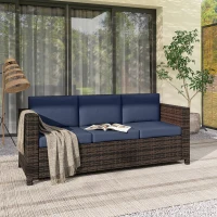 Outsunny 3 Seater Rattan Sofa All-Weather Wicker Weave Metal Frame Chair with Fire Resistant Cushio-Dark Blue(m-7)