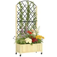 Outsunny Raised Garden Bed with Metal Trellis, Wooden Elevated Planter Box with Lockable Wheels, Outdoor Raised Planter, Natural(m-10)