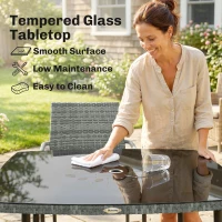 Outsunny 4 Seater Rattan Dining Set with Parasol, 6 Piece Garden Table and Stackable Chairs with Tempered Glass Tabletop(m-8)