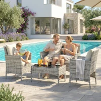 Outsunny Set Salotto da Giardino 4 Pezzi in Rattan con Divano a 2 Posti, 2 Sedie, Tavolino da Caffè, Grigio(m-7)