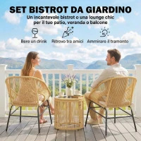 Outsunny Set da Bistrò da 3 Pezzi in Rattan e Acciaio con 2 Sedie, Tavolo Rotondo con Piano in Vetro Temperato, Beige(m-4)