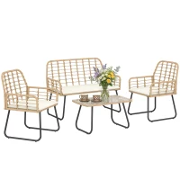 Outsunny 4 Piece Rattan Garden Furniture Set, Outdoor Patio Furniture with Loveseat, Armchairs and Coffee Table(m-10)