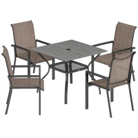 Outsunny 5 Pieces Outdoor Dining Set for 4, Garden Table and Stackable Chairs with Breathable Mesh Seat, Grey and Khaki(m-1)