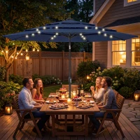 Outsunny 2.8 m Garden Parasol Umbrella with LED Solar Light, Parasol Cover, 3 Tier Outdoor Table Market Patio Umbrella, Navy Blue(m-2)