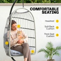 Outsunny Hanging Egg Chair, Indoor Outdoor Hammock Swing Chair with Stand, Safety Strap, Foldable Basket, Light Grey(m-6)