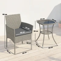 Outsunny 3 Piece Rattan Bistro Set, PE Wicker Garden Furniture Conversation Set with 2 Tier Glass-Top Table, Chairs, Dark Grey(m-3)