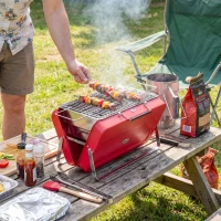 Outsunny Portable Mini Charcoal Barbecue Grill with Suitcase Shell, Outdoor Folding Tabletop BBQ Grill, Red(m-2)