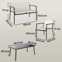 Outsunny Salon de Jardin 4 Pièces en Textilène, Canapé, 2 Fauteuils, Table Basse avec Plateau en Métal, 106x70,5x77cm, Crème(m-3)