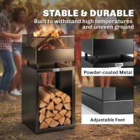 Outsunny Outdoor Fire Pit with Wood Storage Wood Burning Firepit with Mesh Sides 87 cm Black(m-7)