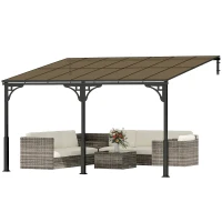 Outsunny 4 x 3 m Metal Lean-to Pergola, Wall-Mounted Garden Pergola with Polycarbonate Roof and Metal-Aluminium Frame, Heavy Duty Hardtop Gazebo for Outdoor Patios, BBQ, Brown(m-11)