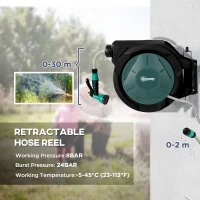 Outsunny Retractable Hose Reel Wall Mounted, 30+2m Garden Hose Pipe Reel with Lock, Auto Rewind, 7 in 1 Spray Nozzle, Includes Wall Fixings, 180° Swivel, Outdoor Watering, 59 x 23 x 42 cm, Green(m-4)