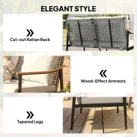 Outsunny 2 Seater Rattan Sofa, Outdoor Garden Sofa with Wood-Effect Armrests, Cushions for Patio, Balcony, Khaki(m-5)