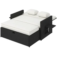 Outsunny Rattan Garden Daybed, Double Sun Lounger with 5-Level Adjustable Back, Storage Ottoman, Cream White(m-11)
