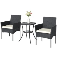 Outsunny 3 Piece Rattan Bistro Set, PE Wicker Garden Furniture Conversation Set with 2 Tier Glass-Top Table, Chairs, Cream White(m-11)