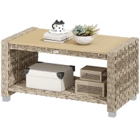 Outsunny Outdoor Coffee Table with Storage Shelf, PE Rattan Side Table with Slatted Top and Foot Pads, Light Brown(m-11)