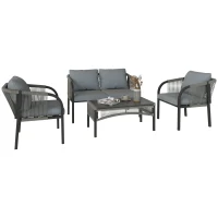 Outsunny 4 Piece Rattan Garden Furniture Set with Loveseat, Armchairs, Table, Steel Frame Wicker Patio Conversation Set, Grey(m-10)