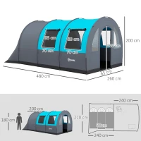 Outsunny Tenda de Campismo Familiar para 3 Pessoas com 2 Quartos Portas Impermeável 3000 mm para Trekking 480x260x200 cm Cinza(m-3)
