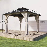 Outsunny 3 x 3 m Outdoor Hardtop Gazebo Canopy with 2-Tier Steel Roof, Wood Garden Gazebo with Curtains, Light Grey(m-3)