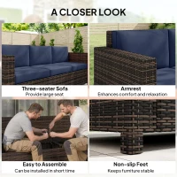 Outsunny 3 Seater Rattan Sofa All-Weather Wicker Weave Metal Frame Chair with Fire Resistant Cushio-Dark Blue(m-6)