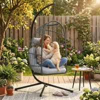 Outsunny Hanging Egg Chair, Indoor Outdoor Hammock Swing Chair with Stand, Safety Strap, Foldable Basket, Dark/Light Grey(m-2)