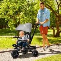 HOMCOM 4 in 1 Kids Trike Toddler Foldable Pedal Tricycle w/ Reversible Angle Adjustable Seat Removable Handle Canopy Belt Brake for 1-5 Years - Grey(m-2)