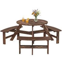 Outsunny Wooden Garden Dining Set, 6 Seater Round Dining Picnic Table with Matching Bench, Garden Furniture Set with Parasol Hole for Outdoor Patio Party and Family Gatherings, Carbonized(m-10)