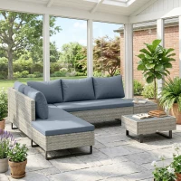 Outsunny Eck-Gartenlounge aus Geflecht 5-sitzig, modular mit verstellbarer Chaiselongue und Komposit-Tisch, Grau(m-6)
