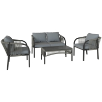 Outsunny 4 Piece Rattan Garden Furniture Set with Loveseat, Armchairs, Table, Steel Frame Wicker Patio Conversation Set, Grey