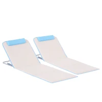 Outsunny Set of 2 Foldable Garden Beach Chair Mat, Lightweight Outdoor Sun Lounger Seats with Adjustable Back, Metal Frame, PE Fabric Head Pillow and Carry Bag, Cream White(m-10)