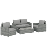 Outsunny 4 Piece Rattan Garden Furniture Set with Loveseat, 2 Armchairs, Glass-Top Table, Wicker Patio Conversation Set, Grey