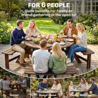 Outsunny Wooden Garden Dining Set, 6 Seater Round Dining Picnic Table with Matching Bench, Garden Furniture Set with Parasol Hole for Outdoor Patio Party and Family Gatherings, Carbonized(m-7)