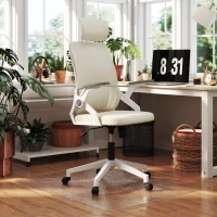 Vinsetto Conjunto de Cadeira de Escritório com Função de Baloiço Altura Ajustável Apoio de Cabeça Regulável Bege e 1 Tapete Protetor 90x120 cm Transparente(m-2)