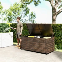 Outsunny 650L Garden Storage Box with 2 Wheels, Rattan Deck Box with Waterproof Zipped Liner, Safe Pneumatic Rods, Mixed Brown(m-2)
