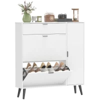 HOMCOM Smalle schoenenkast met 2 klepvakken, schoenenkast met lychee-lederen deuren en verstelbare planken, wit(m-11)