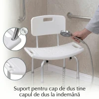 HOMCOM Scaun de Duș Antiderapant cu Spătar și Înălțime Reglabilă pe 8 Poziții, 50,6x43x71-88 cm, Alb(m-9)