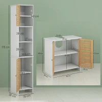 HOMCOM Conjunto de Móveis para Casa de Banho Inclui 1 Móvel para Lavatório Pousar 1 Coluna para Casa de Banho Estreita com Portas de Bambu e Prateleiras Ajustáveis Branco e Madeira(m-3)