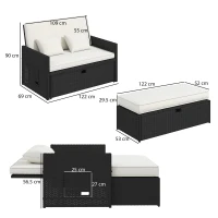 Outsunny Rattan Garden Daybed, Double Sun Lounger with 5-Level Adjustable Back, Storage Ottoman, Cream White(m-3)