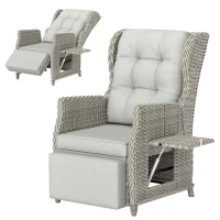 Outsunny Rattan Garden Recliner Chair, Reclining Garden Chair with Adjustable Back and Footrest, Flip Table, Cushion, Light Grey(m-1)